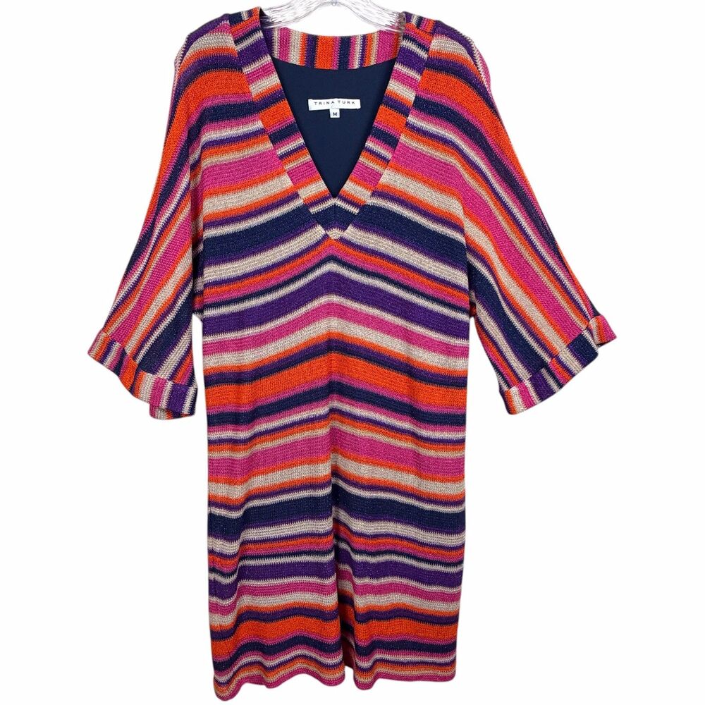 Trina Turk Multicolor Metallic Striped Knit Shift Dress Medium V Neck 3/4 Sleeve